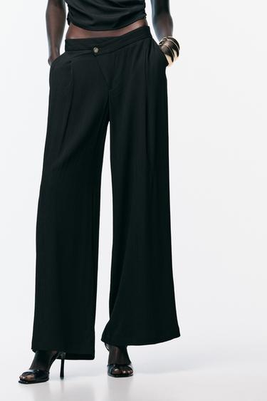 Zara CROSS WAIST WIDE LEG PANTS - Black