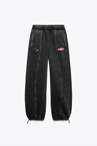 WASHED EFFECT PLUSH TROUSERS WITH SLOGAN - Anthracite grey by Zara - Image 0