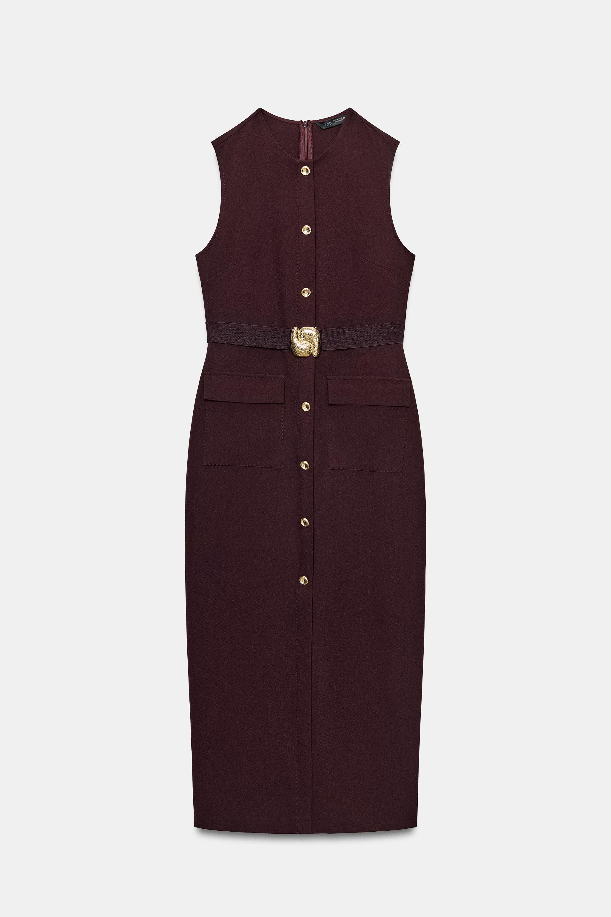 CREPE MIDI DRESS WITH BELT - Burgundy | ZARA New Zealand