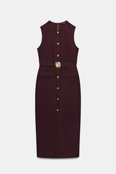 CREPE MIDI DRESS WITH BELT - Burgundy by Zara