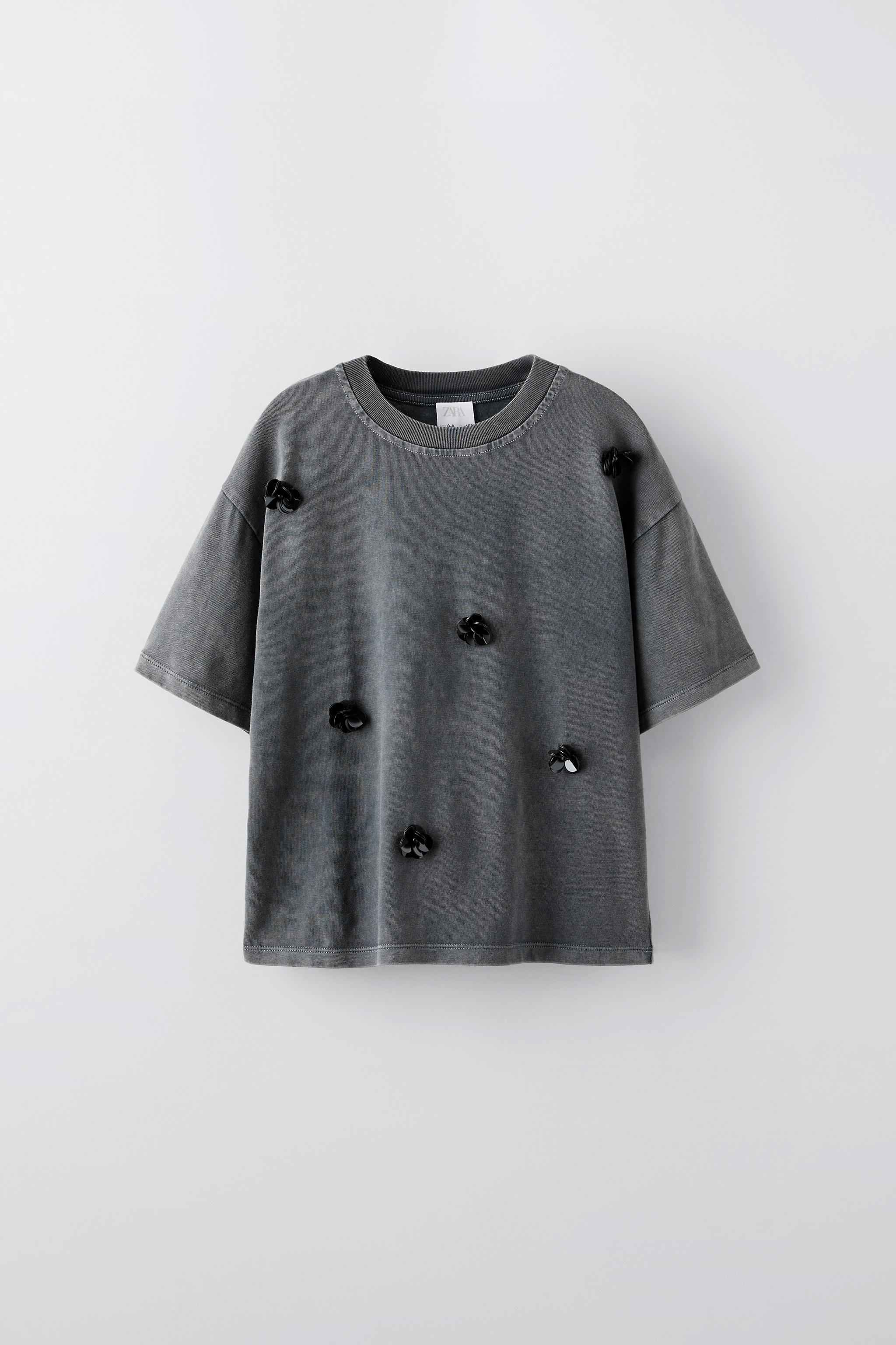 ユーズド加工 フラワーアップリケTシャツ - カーボングレー | ZARA Japan / 日本