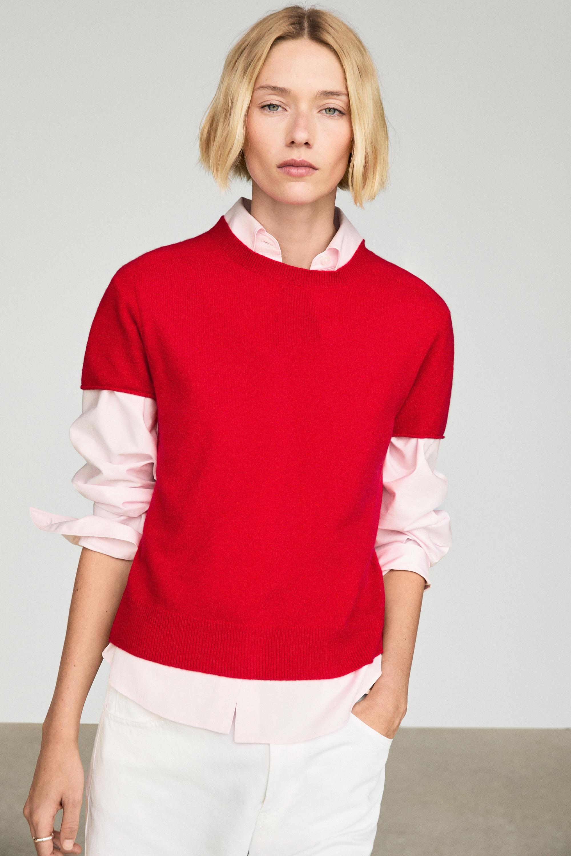 100% cashmere short sleeve knit sweater — Red