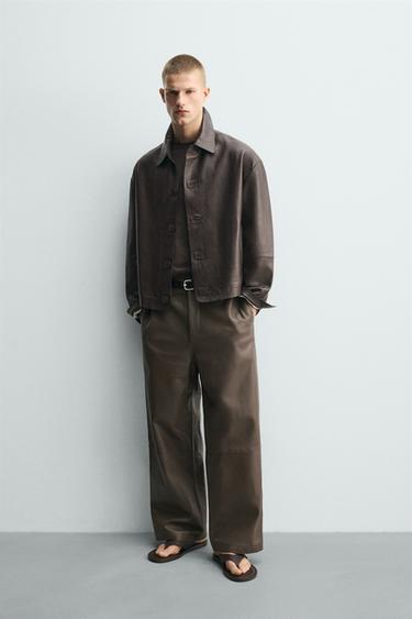 Zara LEATHER BOXY FIT JACKET - Chocolate - Image 0