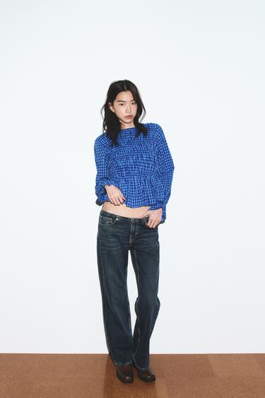 GINGHAM SHIRT WITH ELASTICATED DETAIL - Blue / Indigo by Zara - Image 0