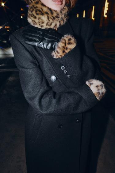 FAUX LEATHER FAUX FUR ANIMAL PRINT GLOVES - Black by Zara