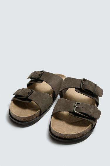 SANDALES EN CUIR À BRIDES - Gris taupe de Zara - Image 4