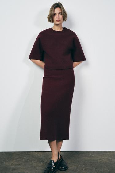 Zara ZW COLLECTION 100%羊毛中長裙 - 酒紅色 - 圖片 0
