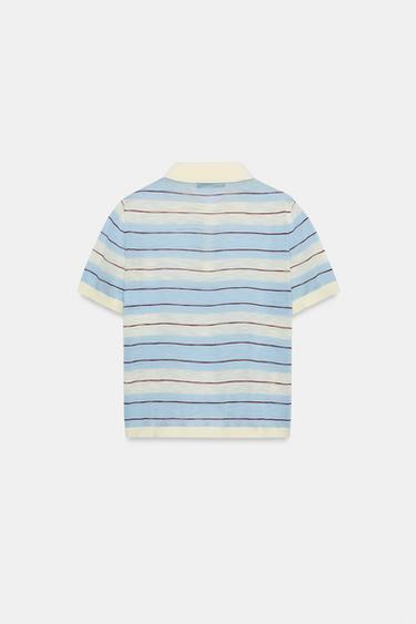 STRIPED KNIT POLO SHIRT - Ecru / Blue by Zara - Image 7