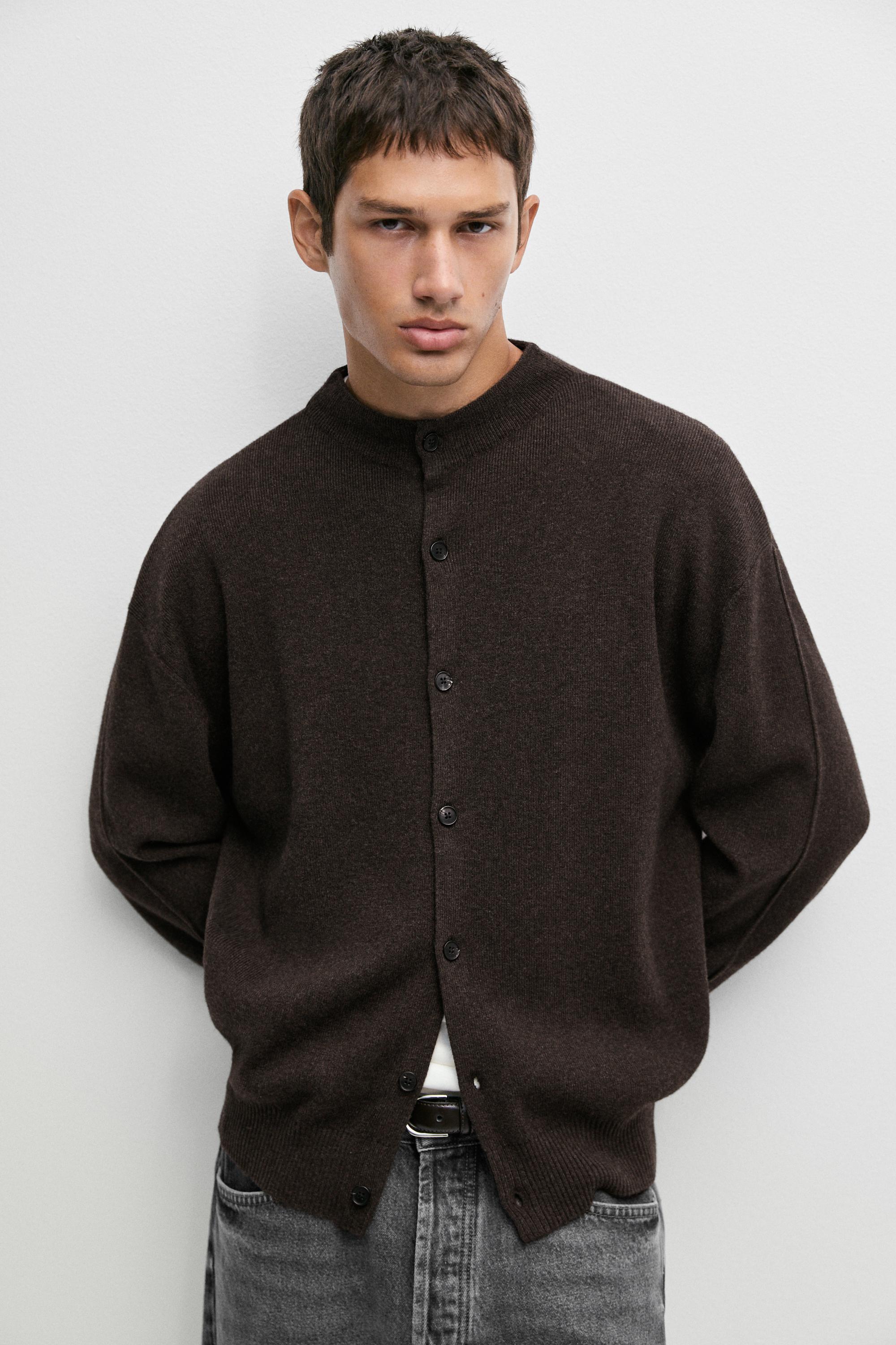 Mock-neck knit cardigan with button detail