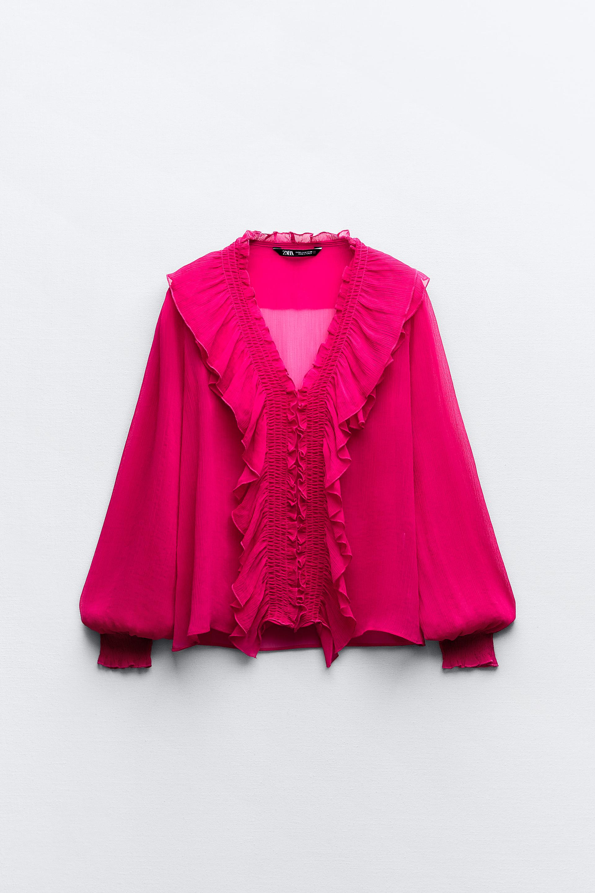 SEMI-SHEER BLOUSE WITH RUFFLE TRIMS