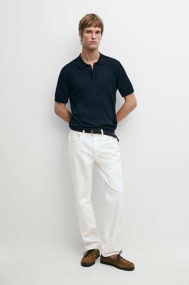 Zara Ribbed knit cotton blend polo shirt - Navy blue - Image 0