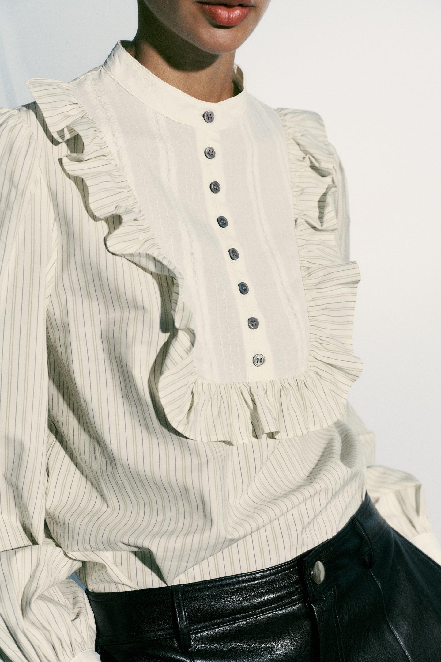 Женская блузка Zara Striped Ruffle, цвет: Экрю / Бежевый — фото 3