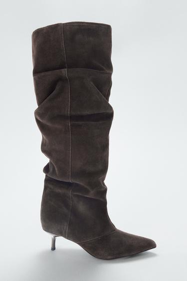 Zara SUEDE KITTEN HEEL BOOT - Brown