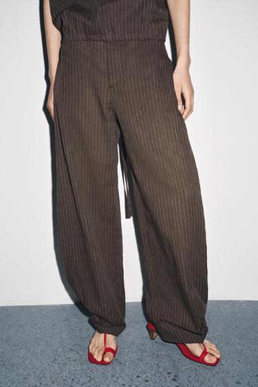 Zara ZW COLLECTION STRIPED LINEN BLEND BALLOON PANTS - Brown / Ecru