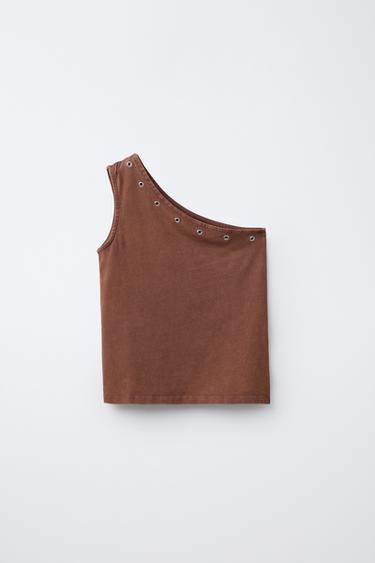 ASYMMETRIC EYELET TOP - Brown by Zara