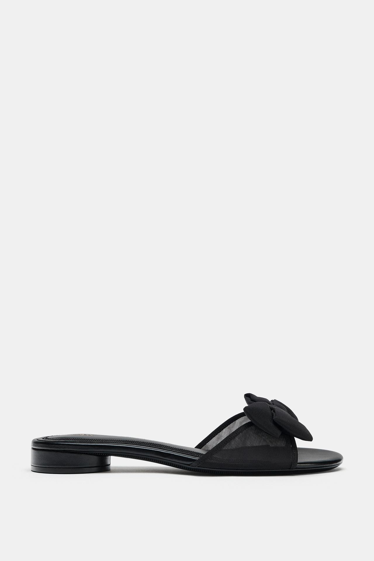 MESH BOW FLAT SANDALS — Black