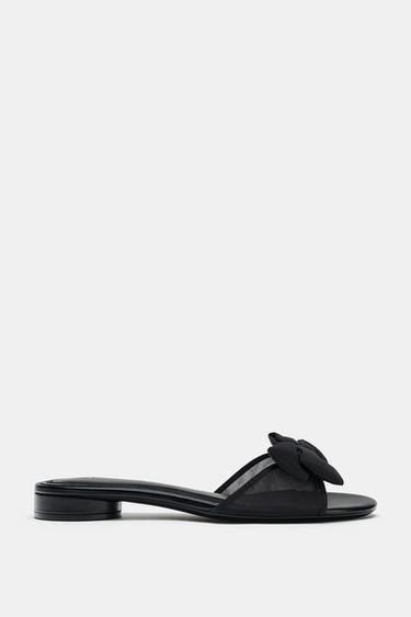 MESH BOW FLAT SANDALS — Black 2