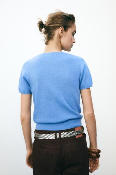 HAUT EN MAILLE UNIE À MANCHES COURTES - Bleu de Zara - Image 2