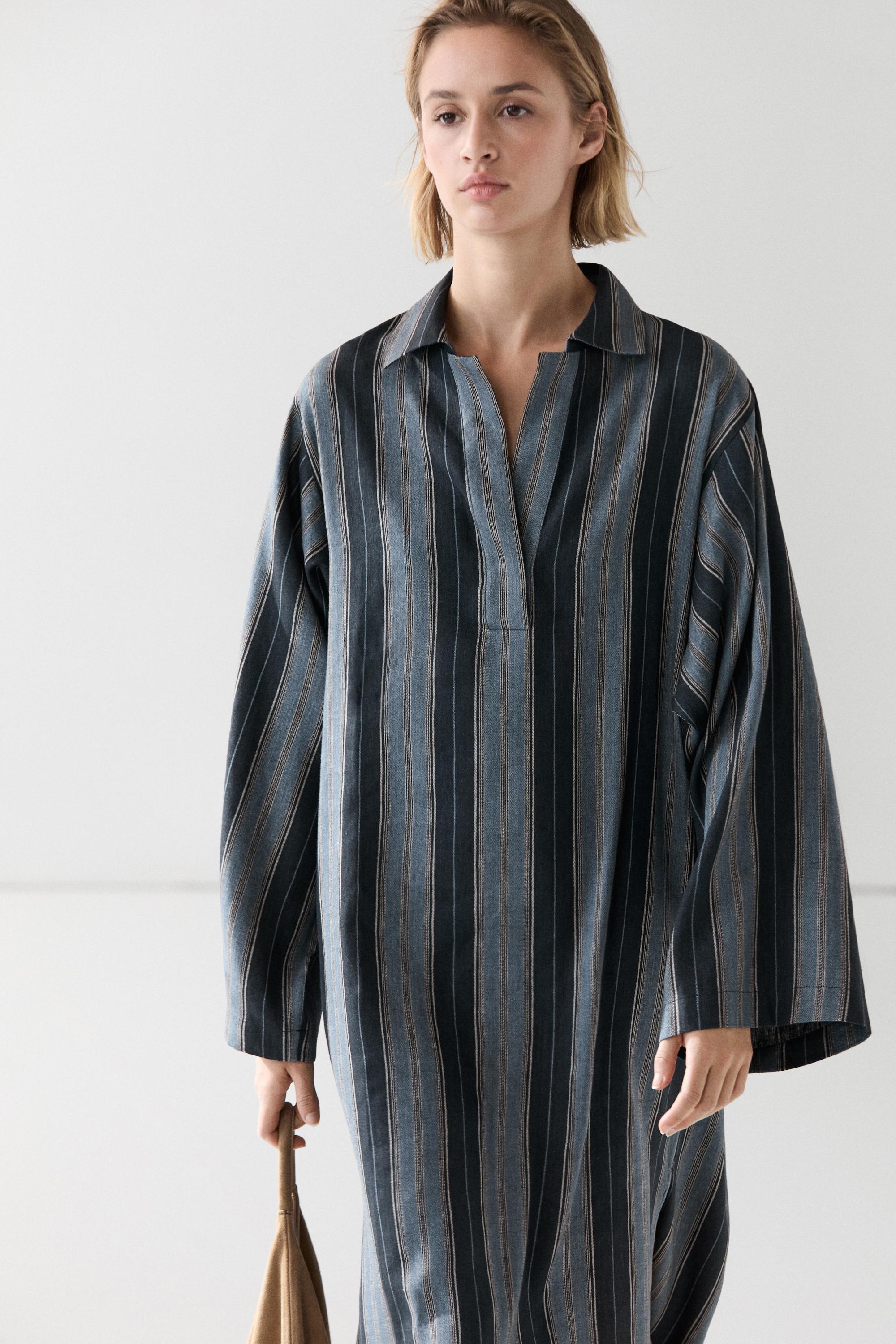 Striped linen cotton blend kaftan — Blue