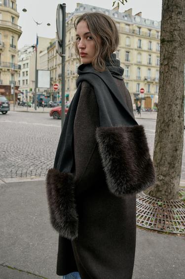 PLAIN WOOL SCARF WITH FAUX FUR - Black by Zara - Image 2