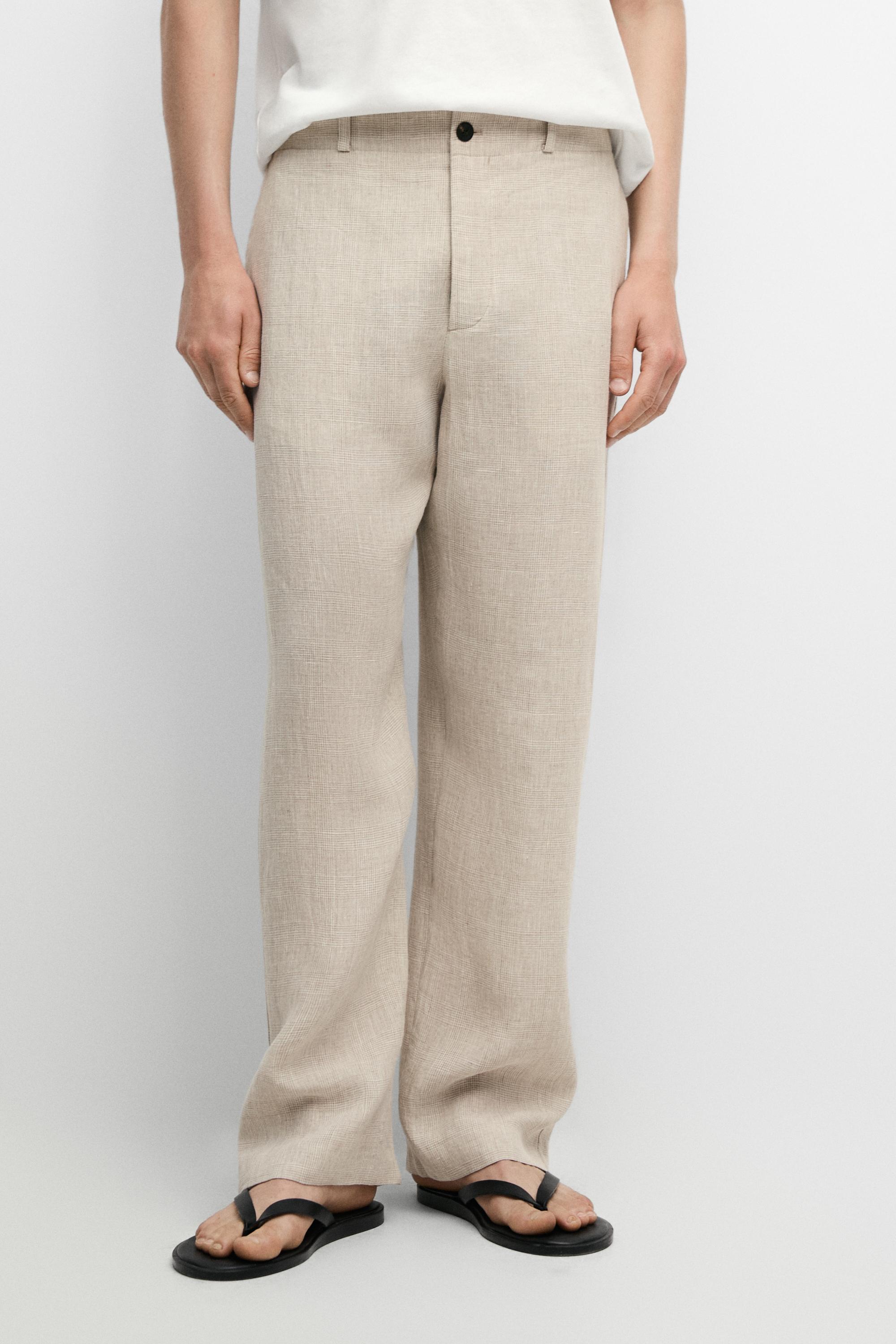 100% linen check pants — Ecru