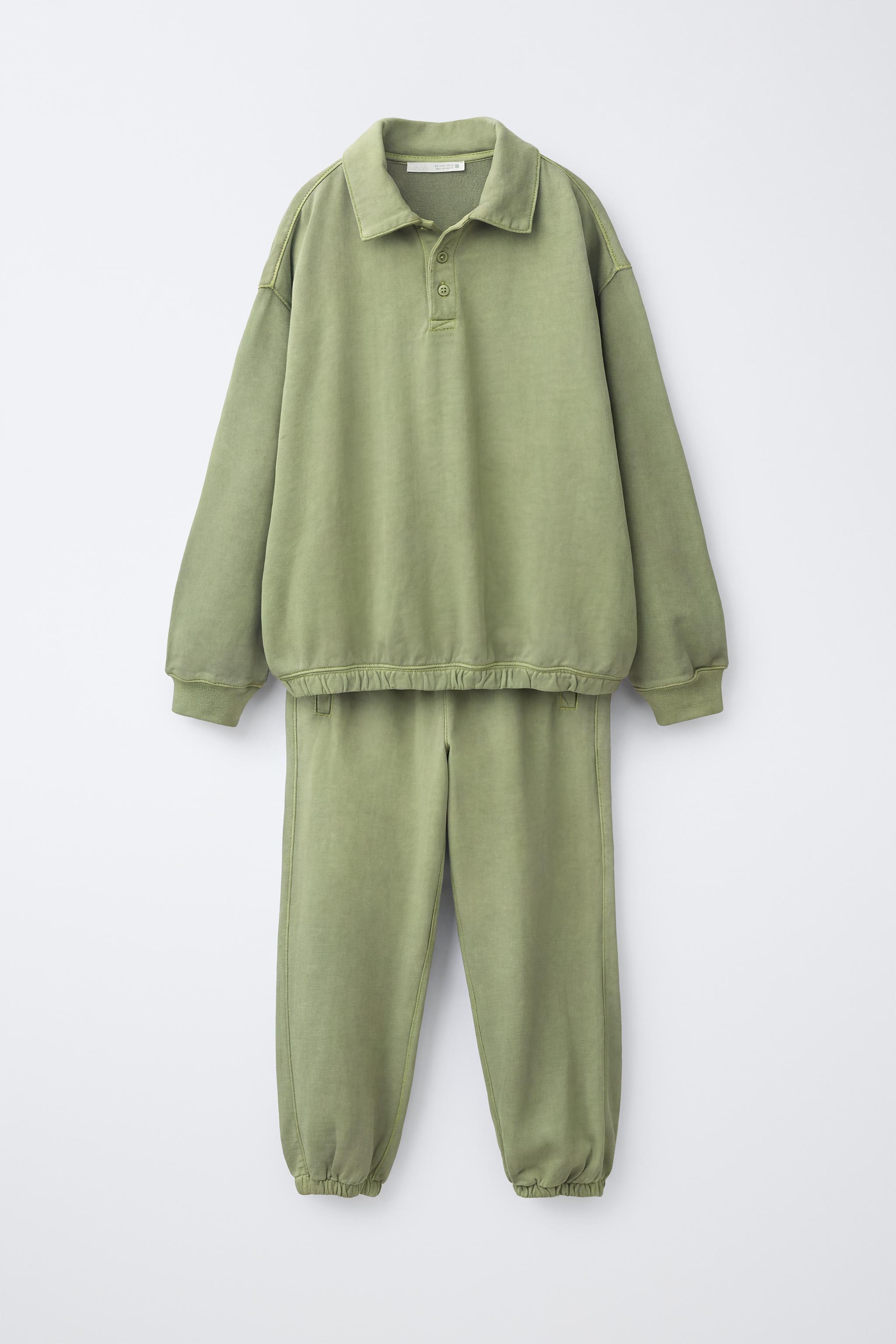 GARMENT-DYED POLO SWEATSHIRT AND JOGGER SET — Green