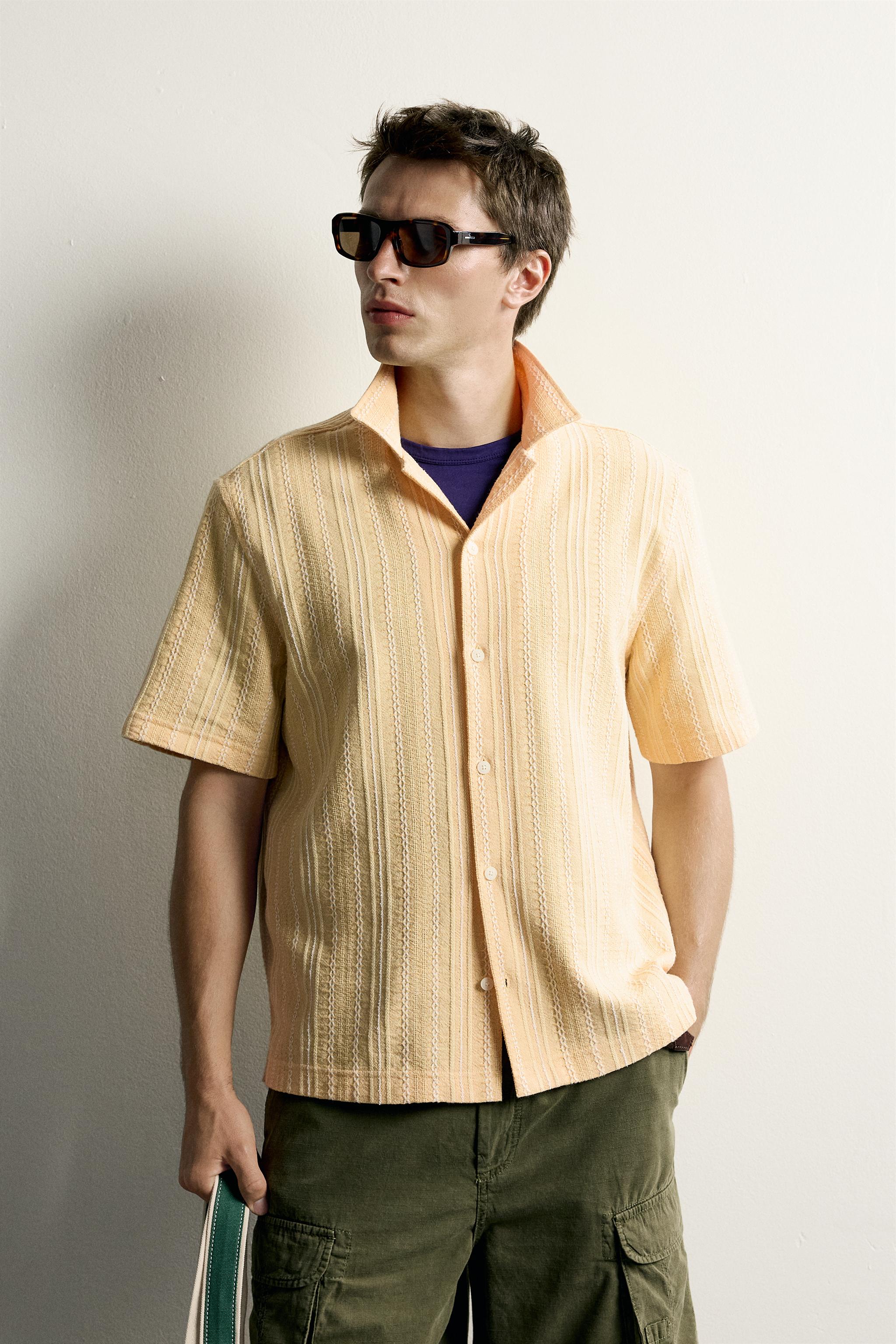 REGULAR FIT STRIPED JACQUARD SHIRT — Orange