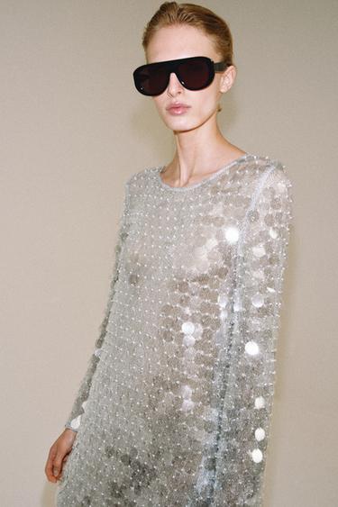 ROBE COURTE EN MAILLE PAILLETTES ET PERLES - Argent de Zara - Image 2