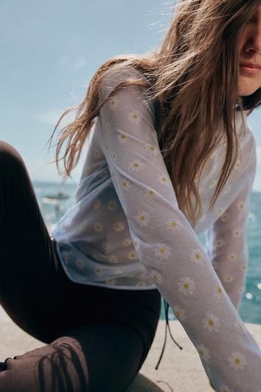 SEMI-SHEER FLORAL KNIT TOP - Pastel blue by Zara - Image 1