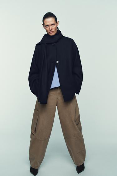 SHORT WOOL COAT WITH SCARF - Navy blue by Zara