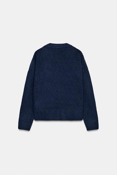 Zara SOFT KNIT V-NECK SWEATER - Navy blue