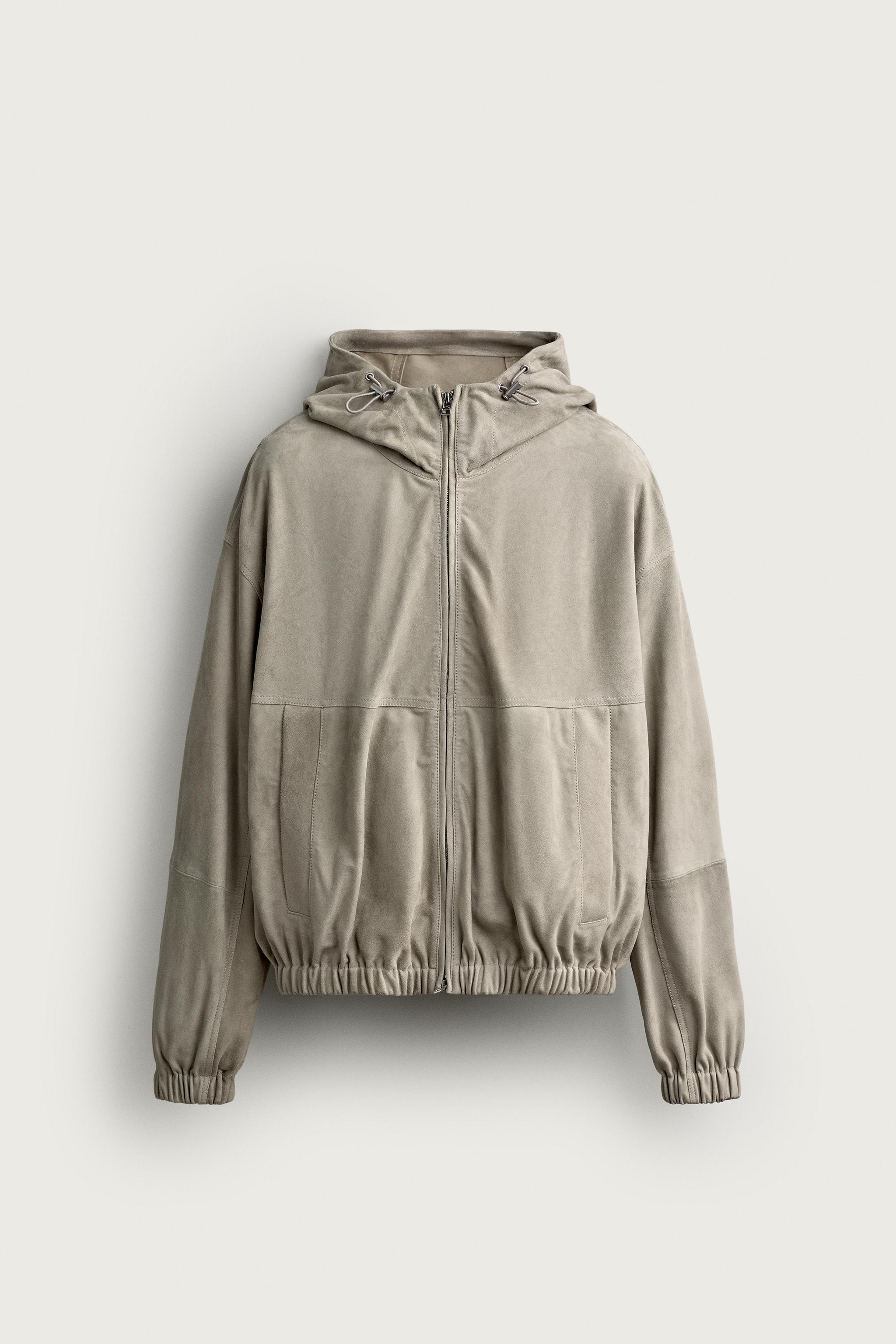 SUEDE LEATHER HOODIE JACKET — Taupe gray