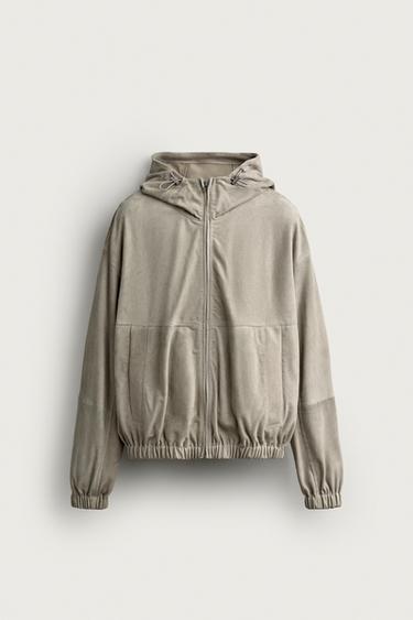 HOODED SUEDE LEATHER JACKET - Taupe grey by Zara