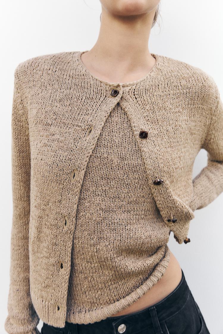 Knit Sweater Cardigan Marrone Zara ZARA Pink Jewel Button Knit