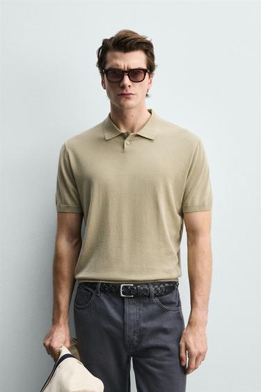VASKET STRIKKET POLOSHIRT - Kaki fra Zara