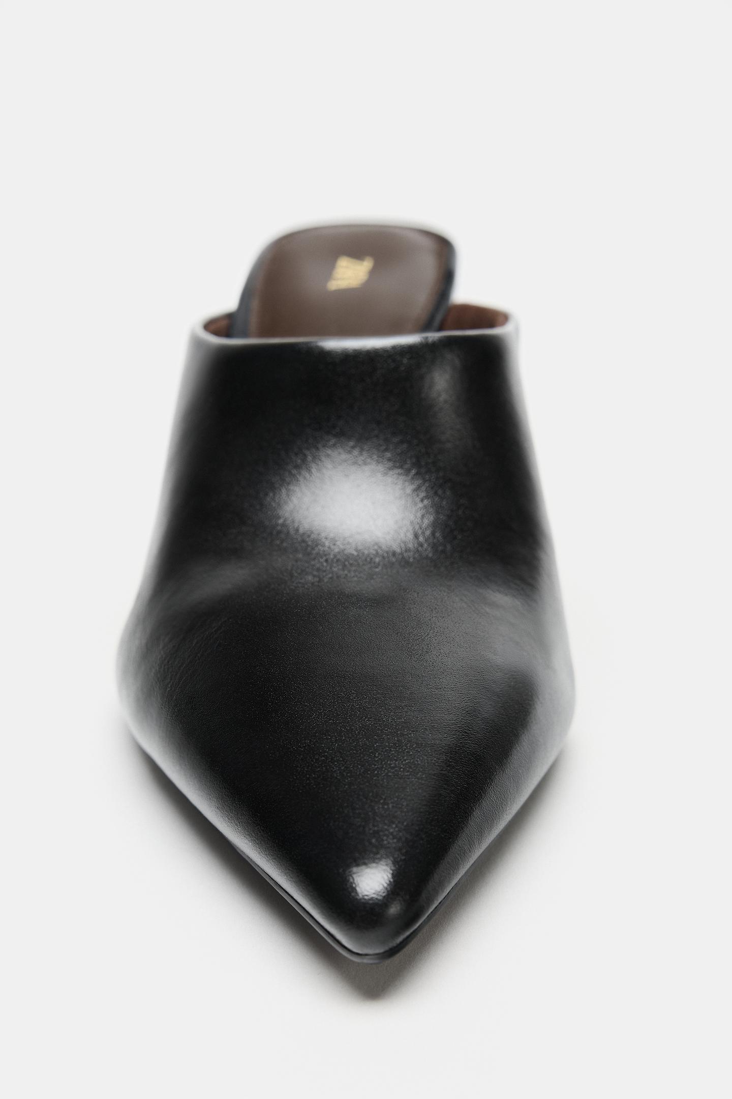 Женские сабо Zara Leather Wedge Mules, цвет: Чёрный — фото 4
