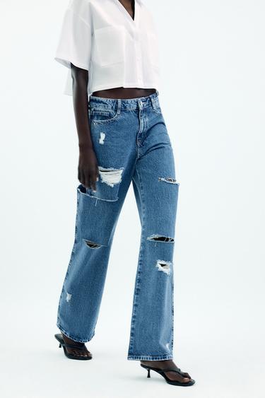 JEANS Z1975 STRAIGHT MITTLERER BUND CUT-OUTS RISSEN - Mittelblau von Zara