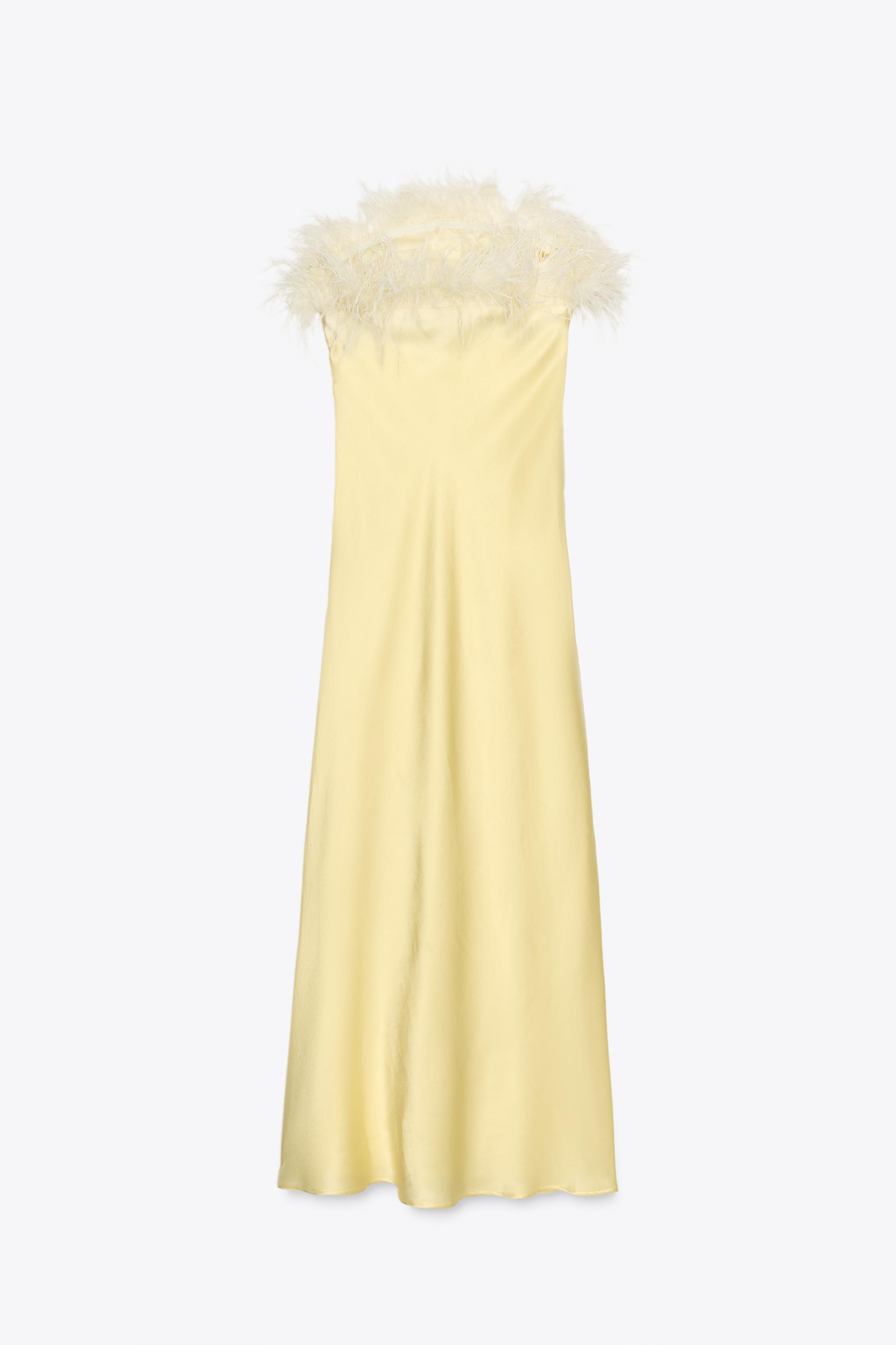 ZARA フェザー付きサテンミディワンピース 2168/002 フェザー付きサテンミディワンピース - グリーン | ZARA Japan