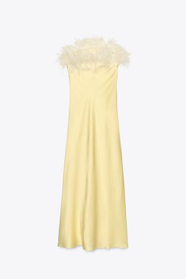 ROBE MIDI SATINÉE PLUMES - Vert de Zara - Image 3