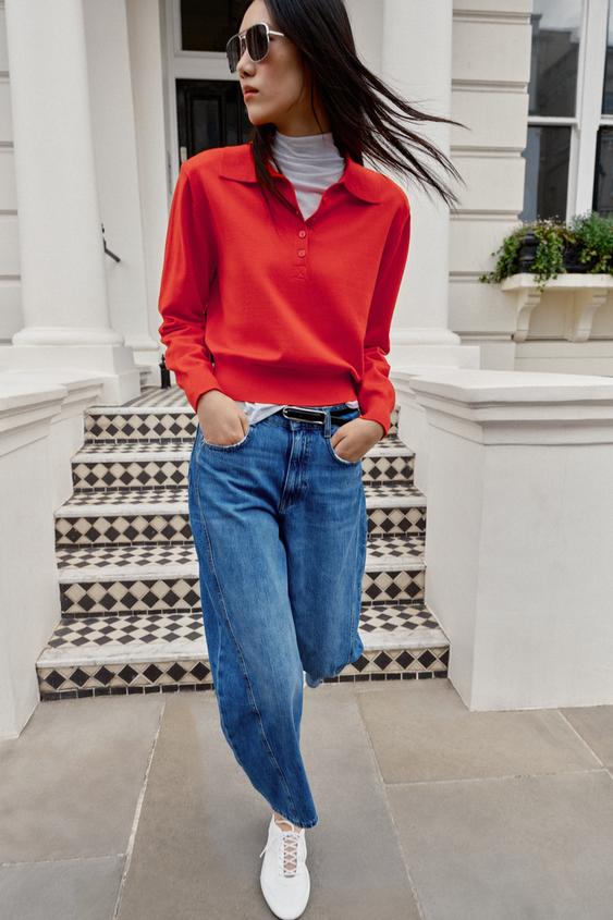KNIT POLO JUMPER WITH SHOULDER PADS - Red / Orange by Zara - Image 2