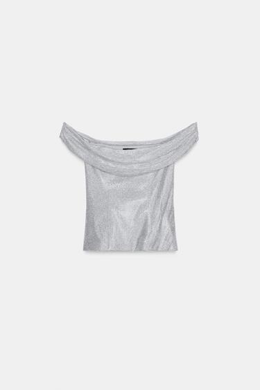 DRAPED RHINESTONE MESH TOP - Silver by Zara