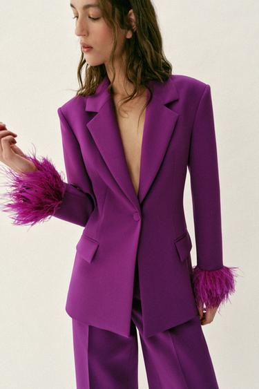 BLAZER WITH FEATHER CUFFS AND SHOULDER PADS - Purple by Zara