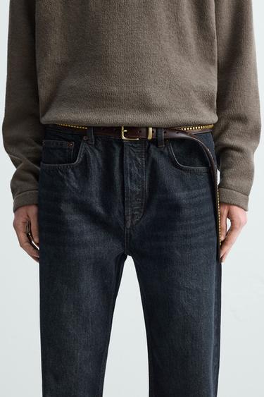 Zara STUDDED LEATHER BELT - Brown - Image 0