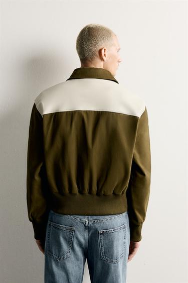 CONTRAST FAUX LEATHER JACKET — Ecru / Khaki 2