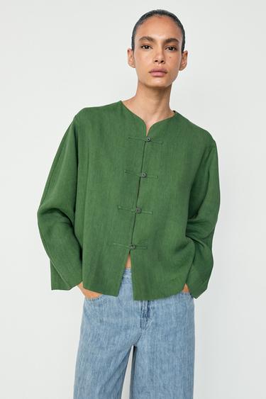 Flowy button-detail overshirt — Green / Blue 2