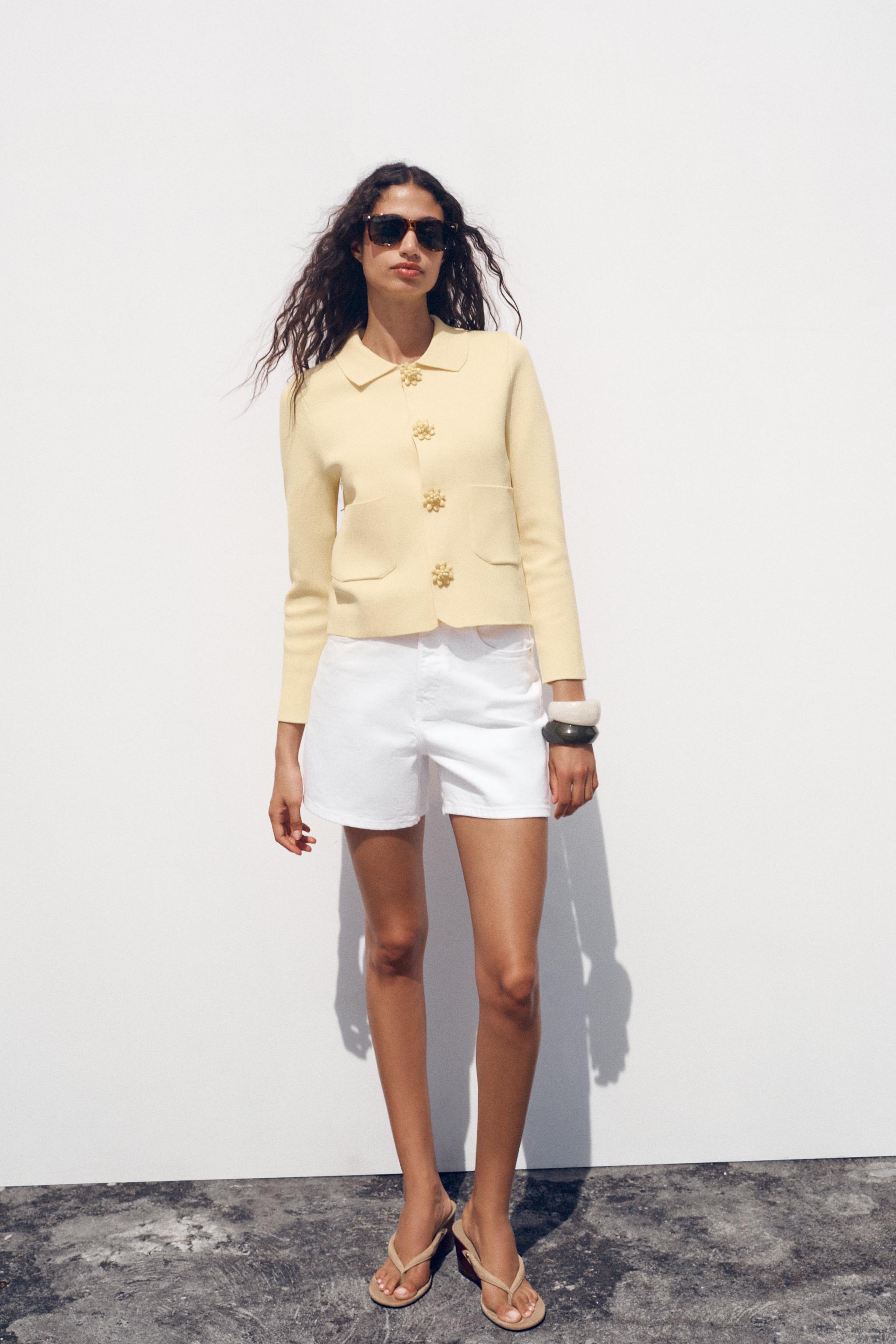 プレーンニットビーズボタンジャケット - イエロー | ZARA Japan