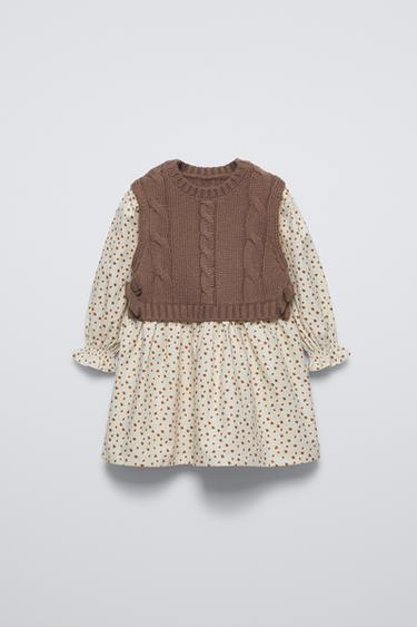 FLORAL DRESS WITH KNITTED WAISTCOAT DETAIL - Brown by Zara