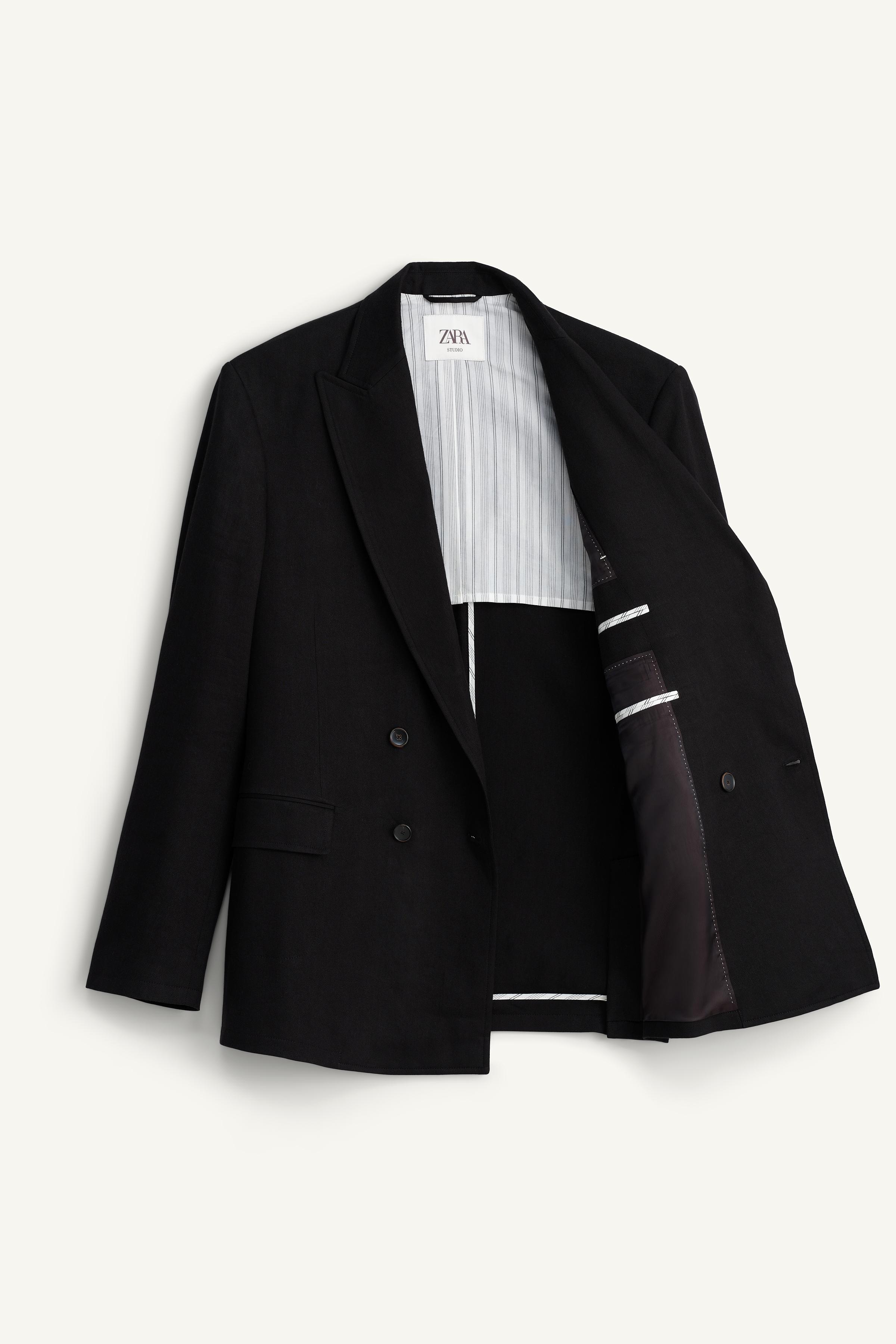 リネン＆レーヨン混紡ダブルブレストブレザー - ブラック | ZARA Japan