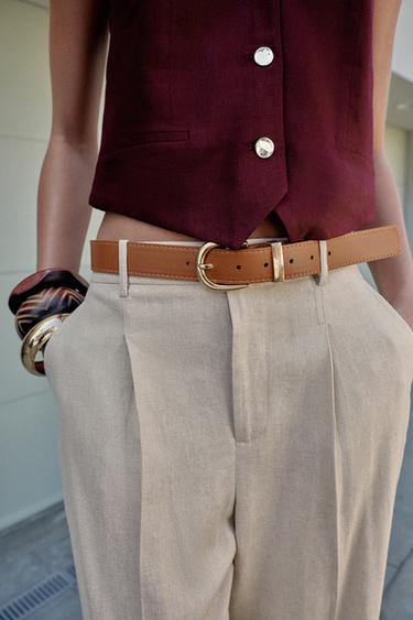 PANTALON AVEC LIN, PINCES ET CEINTURE - Beige clair de Zara - Image 3