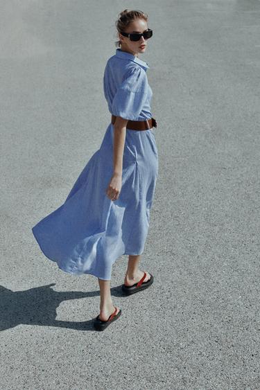 ROBE MI-LONGUE AVEC CEINTURE EN LIN - Bleu de Zara - Image 4